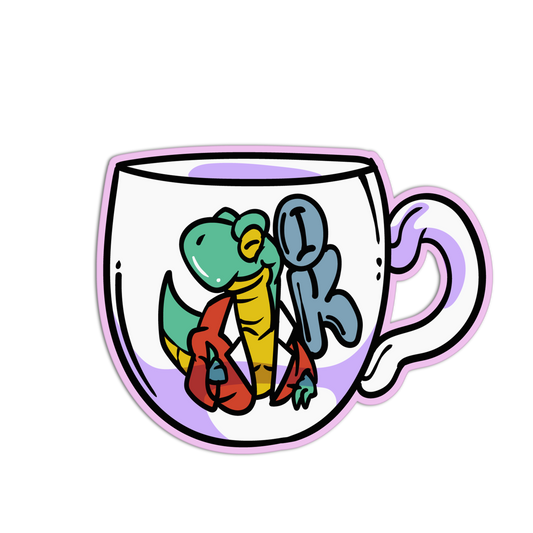 Cartoon dinosaur inside a transparent mug on a white background