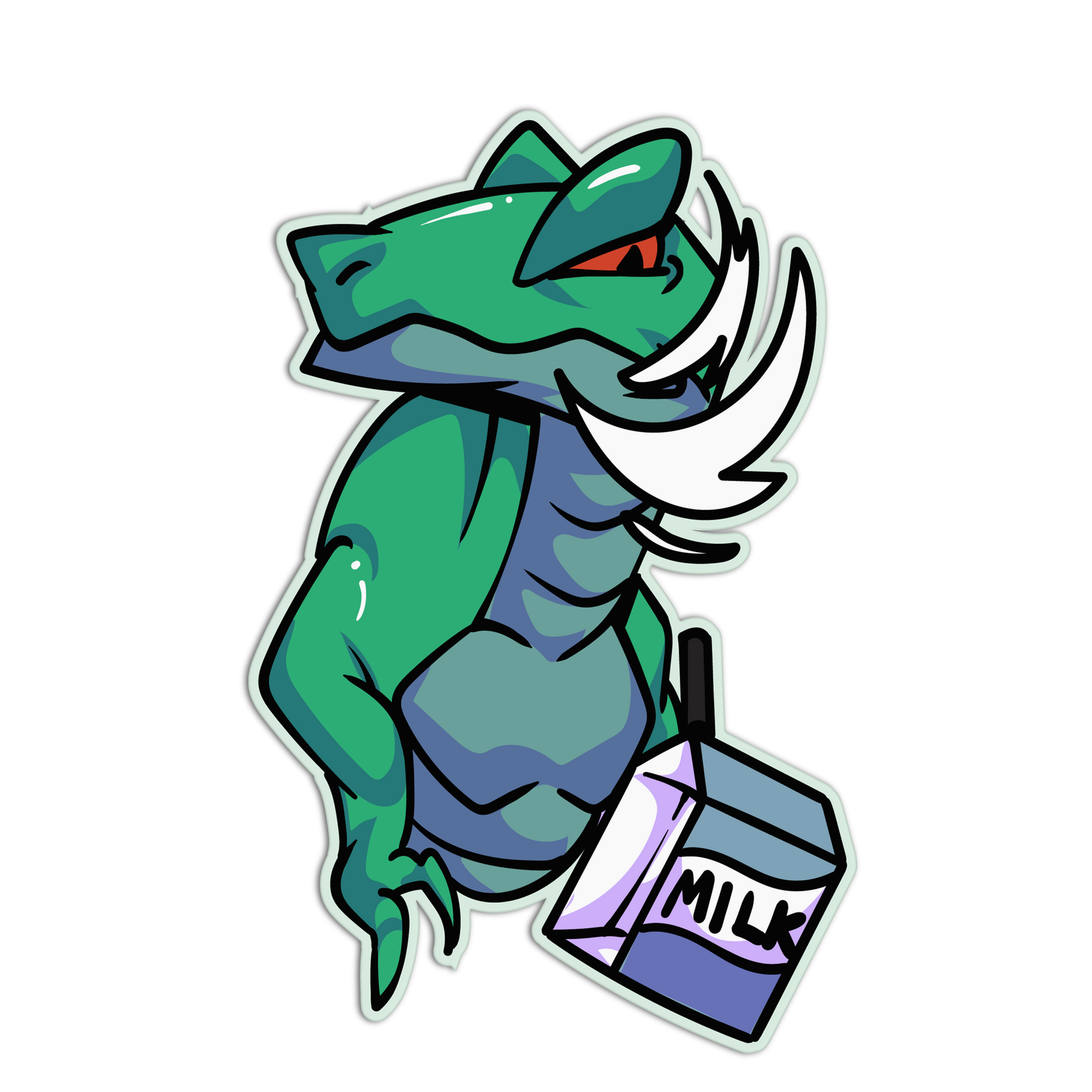 Cartoon dragon holding a milk carton on a white background
