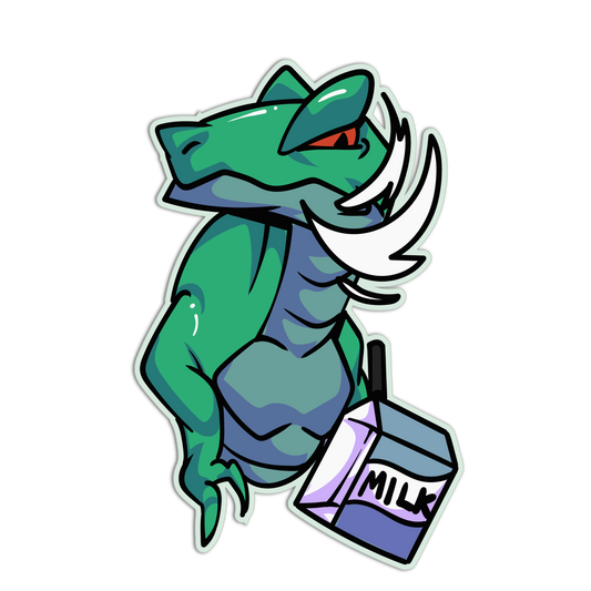 Cartoon dragon holding a milk carton on a white background