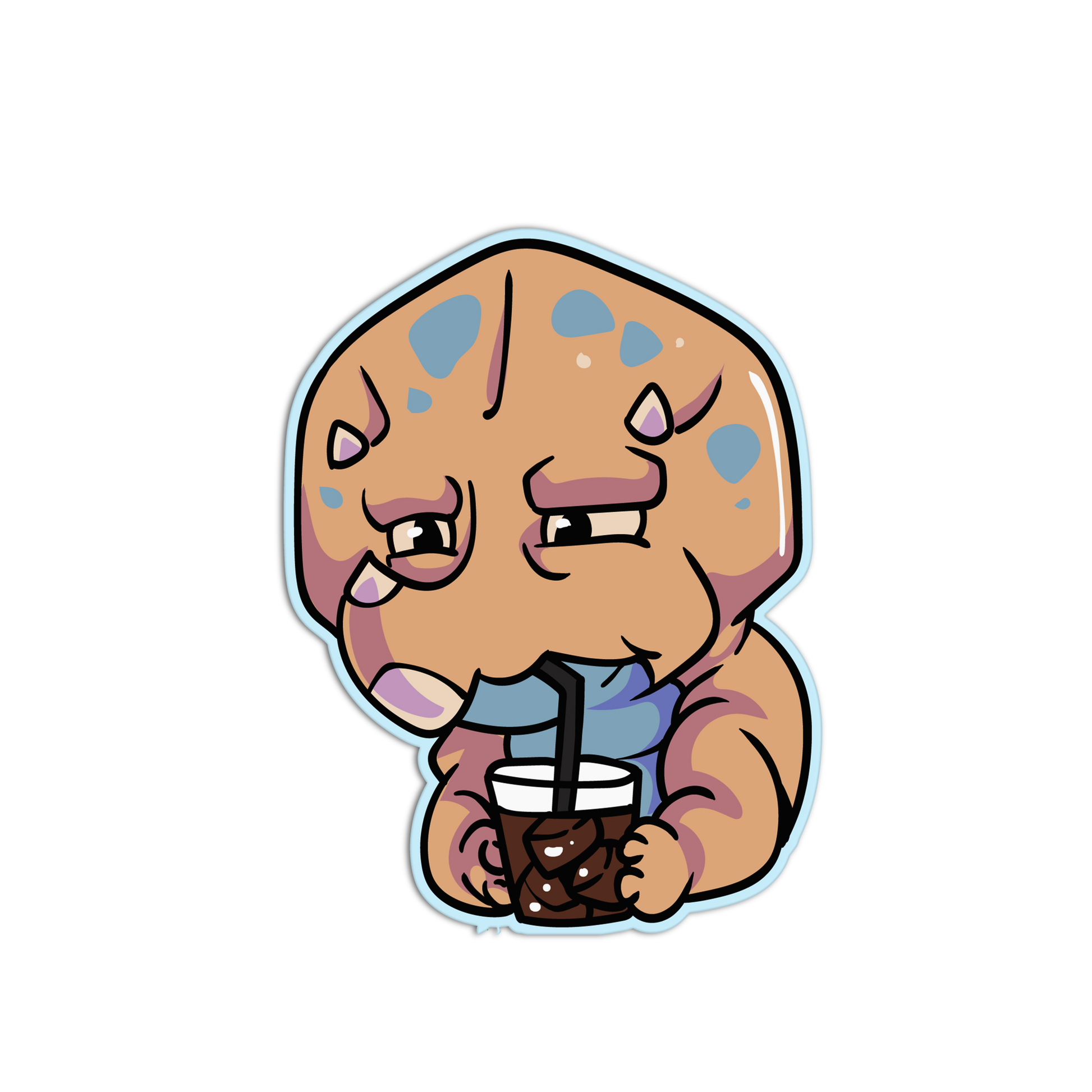 Cartoon character holding a cup with a straw on a white background