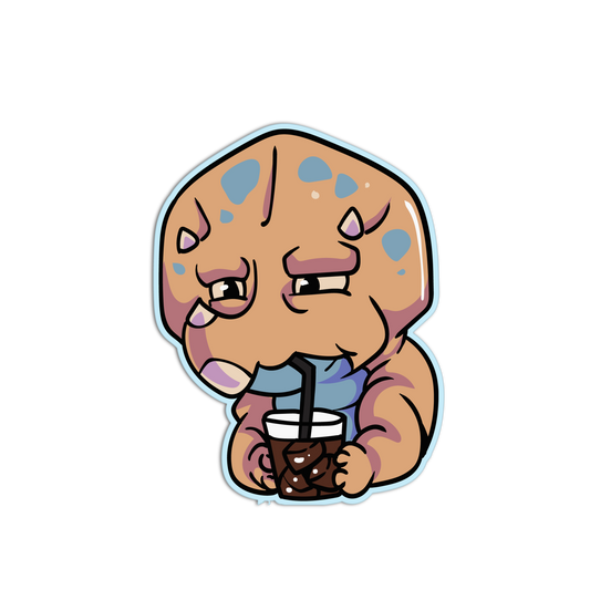 Cartoon character holding a cup with a straw on a white background