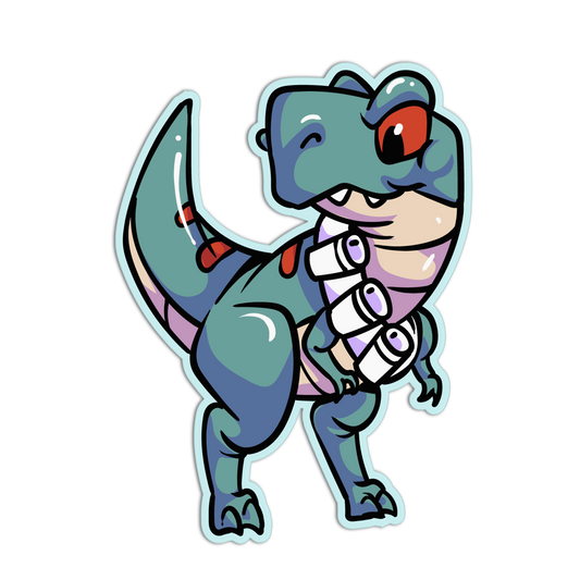 Cartoon dinosaur character with a colorful design on a white background