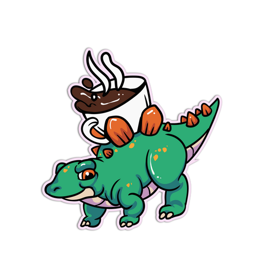 Cartoon dinosaur with a coffee cup on its back against a white background