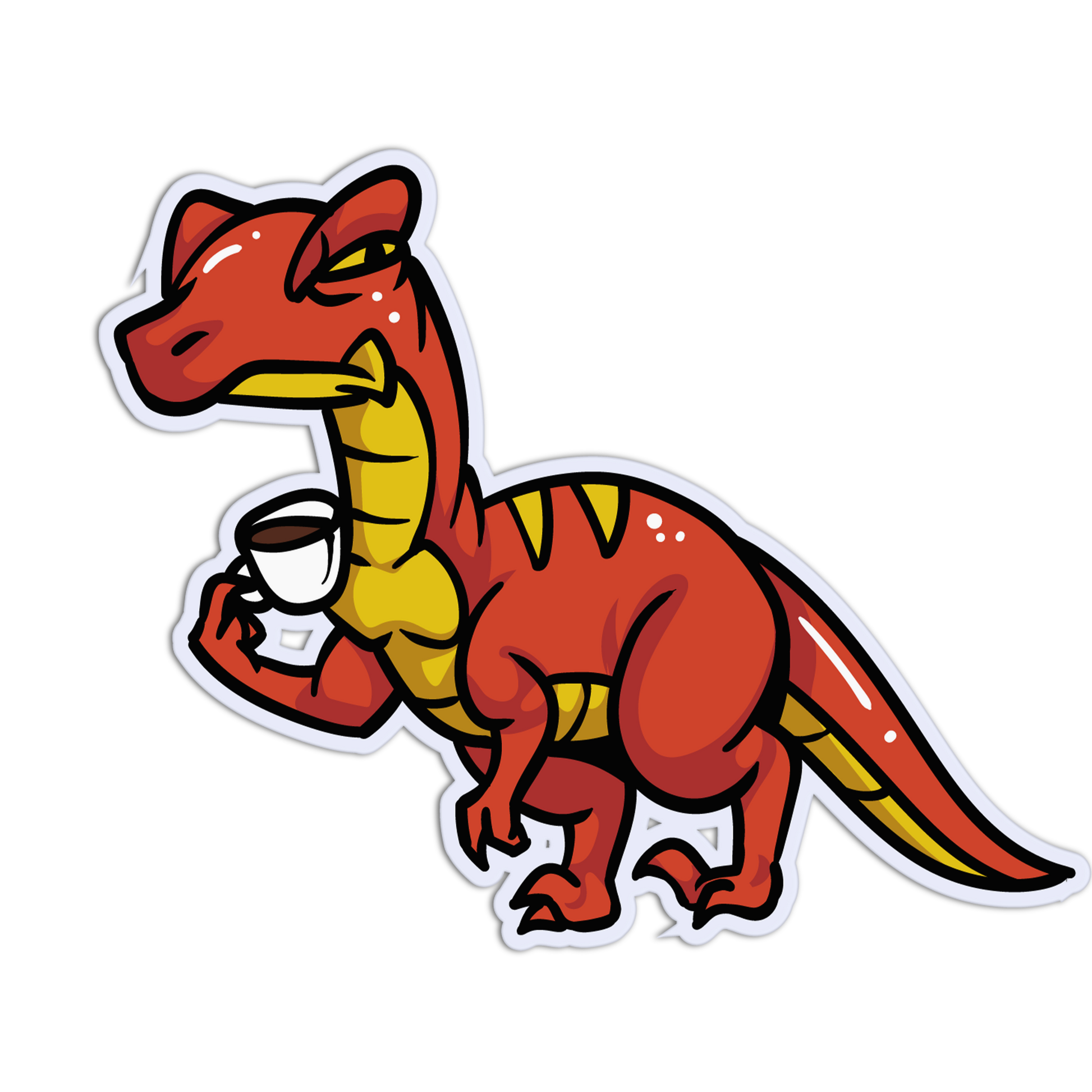 Cartoon dinosaur holding a coffee cup on a white background