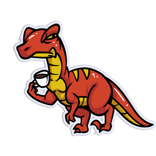 Cartoon dinosaur holding a coffee cup on a white background