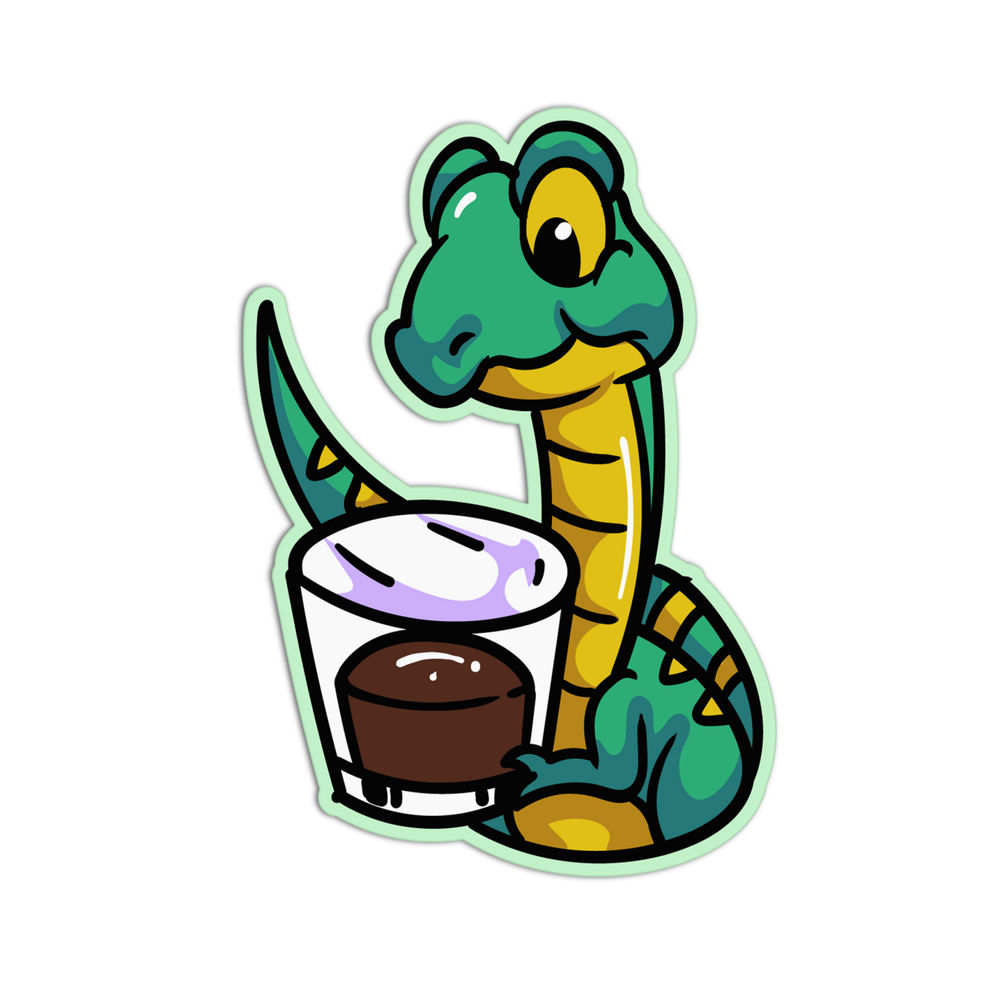 Cartoon snake with a glass of milk and a piece of chocolate on a white background