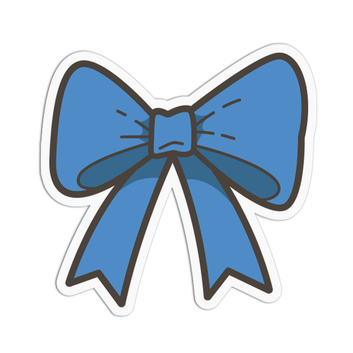 A die-cut sticker featuring a stylized blue bow with dark gray outlines and a white border, shown on a plain white background.