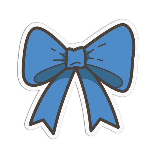A die-cut sticker featuring a stylized blue bow with dark gray outlines and a white border, shown on a plain white background.