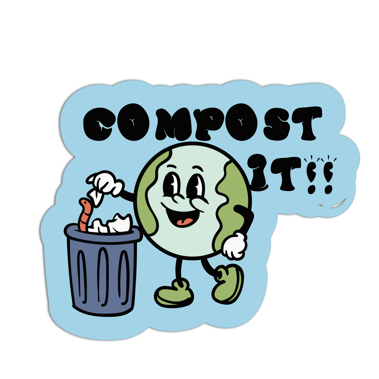 Cartoon character composting with text 'COMPOST IT!!' on a blue background