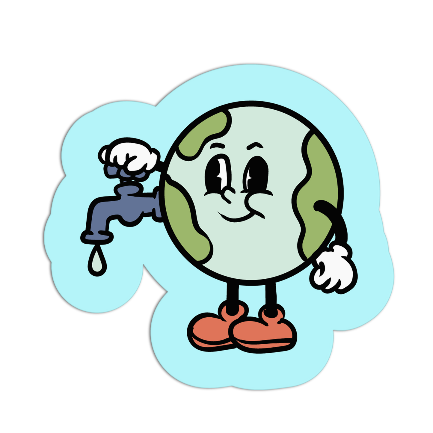 Cartoon character holding a faucet on a light blue background