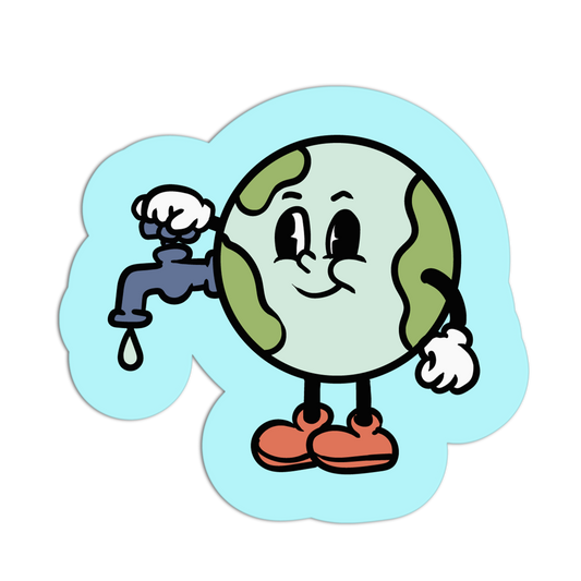 Cartoon character holding a faucet on a light blue background