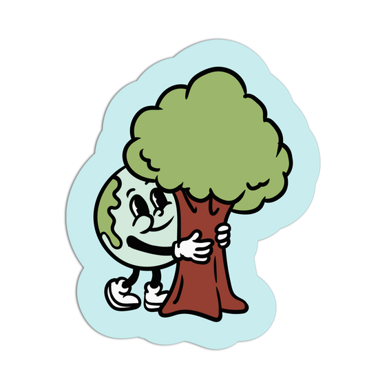 Cartoon character hugging a tree on a light blue background