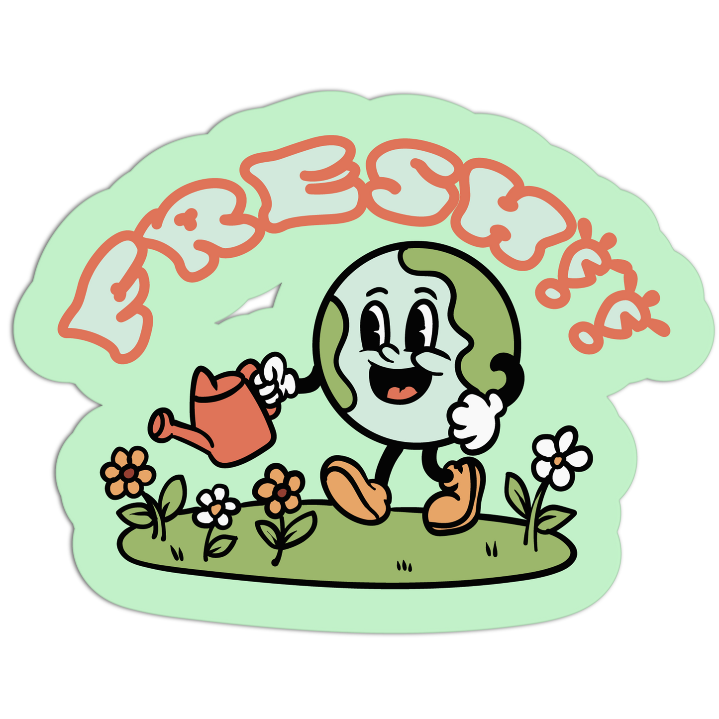 Cartoon character watering flowers with 'Freshties' text on a light green background