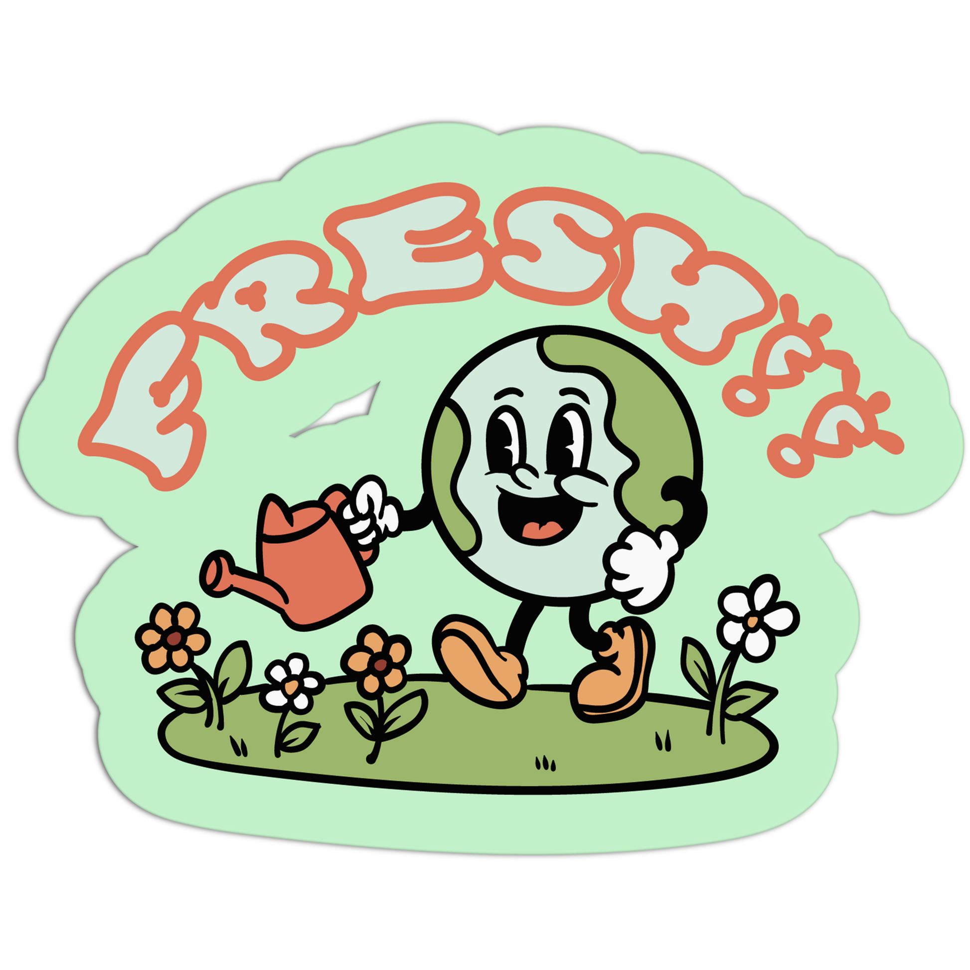 Cartoon character watering flowers with 'Freshties' text on a light green background