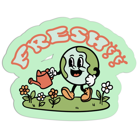 Cartoon character watering flowers with 'Freshties' text on a light green background