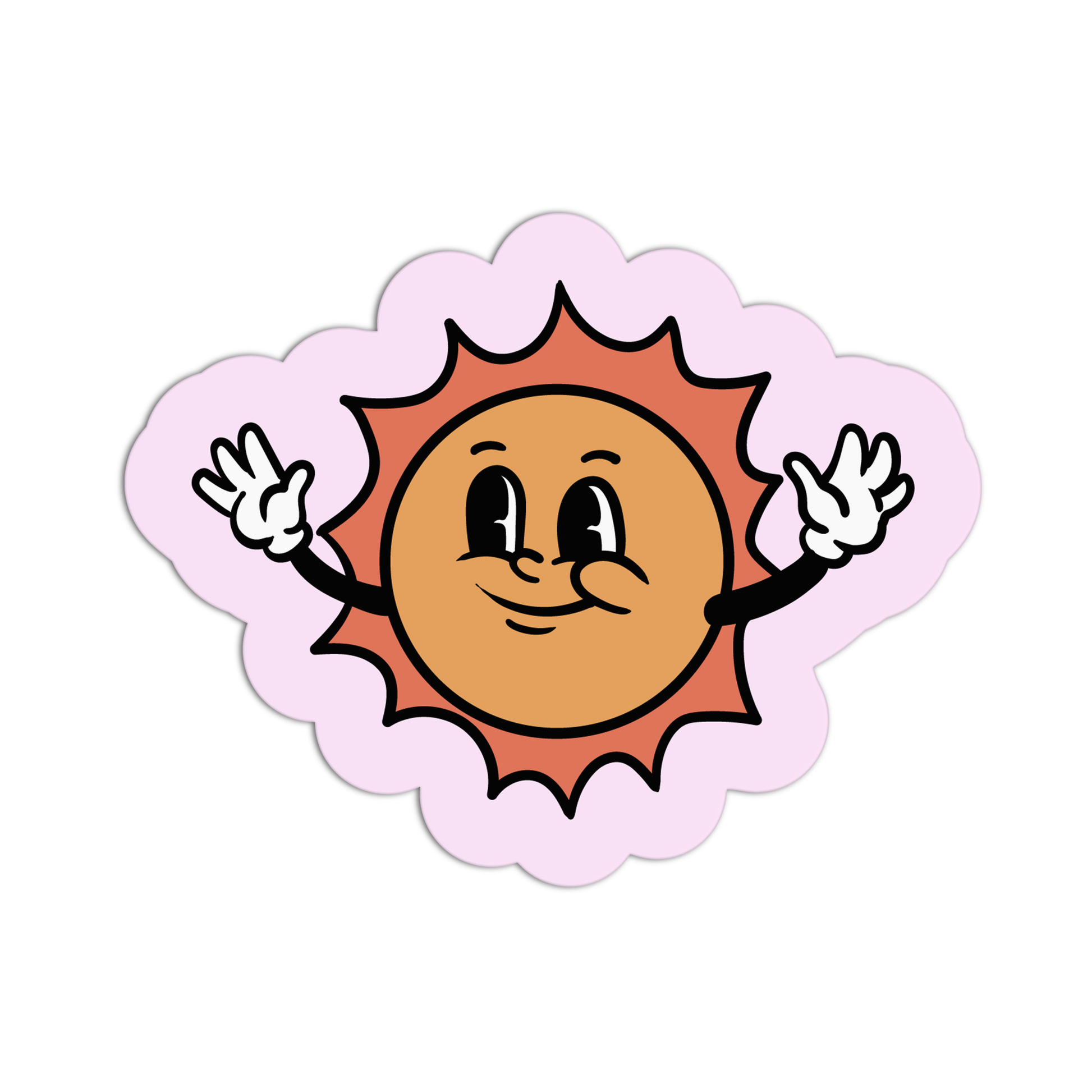 Cartoon sun character with arms and hands on a white background