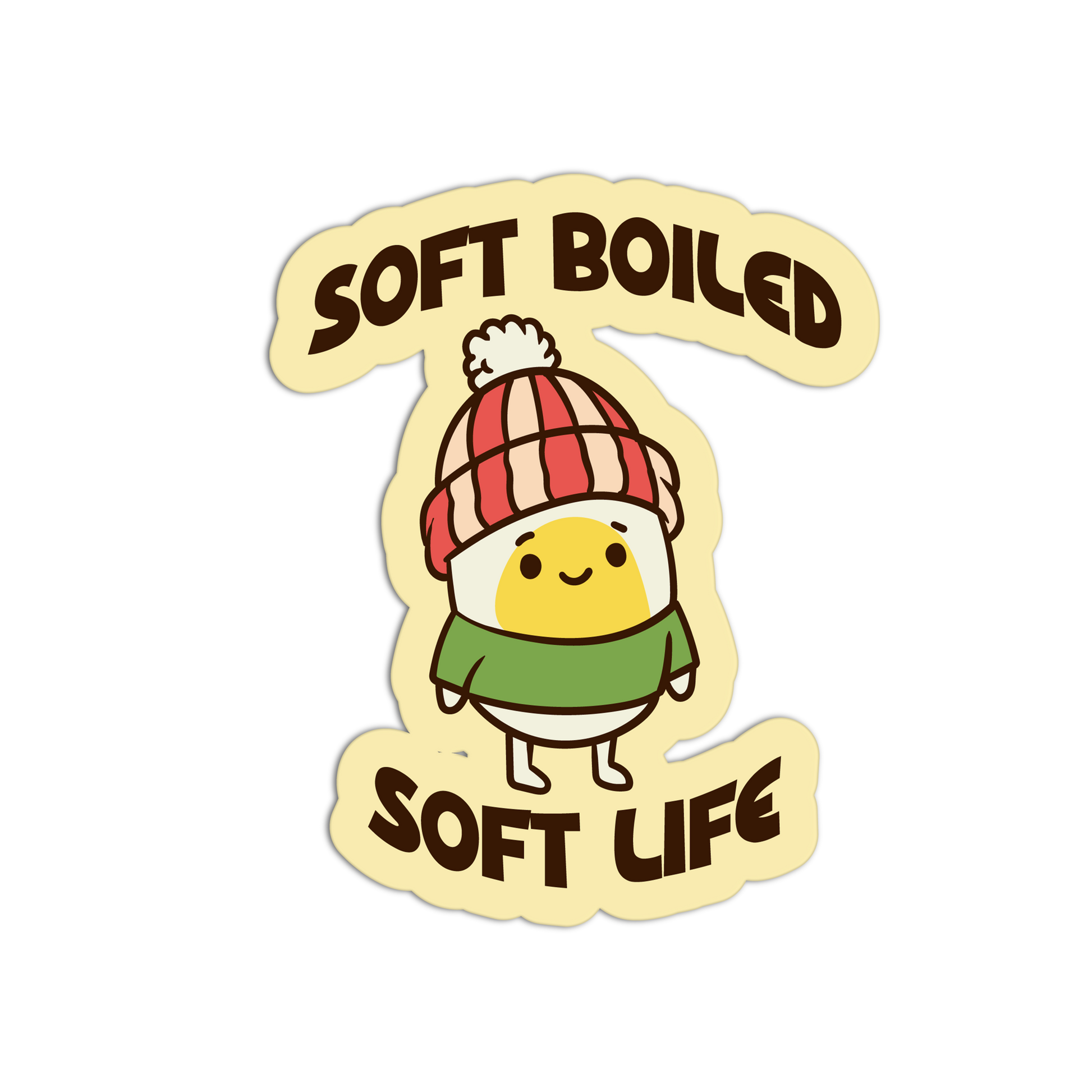Sticker with a cartoon character wearing a striped hat and green sweater, with 'Soft Boiled' and 'Soft Life' text on a beige background.