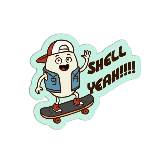 Cartoon character on a skateboard with 'Shell Yeah!!!' text on a light green background