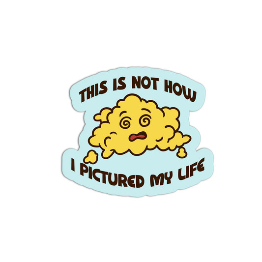 Sticker with a cartoon character and text on a light blue background