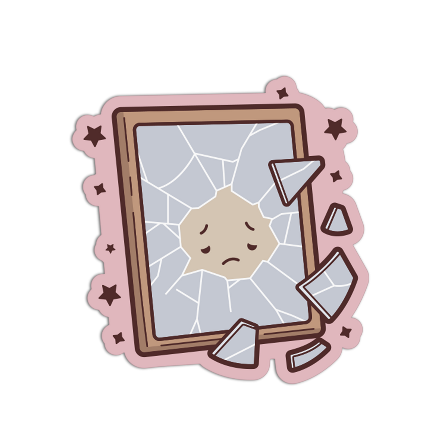 Illustration of a broken mirror with a sad face reflection on a white background