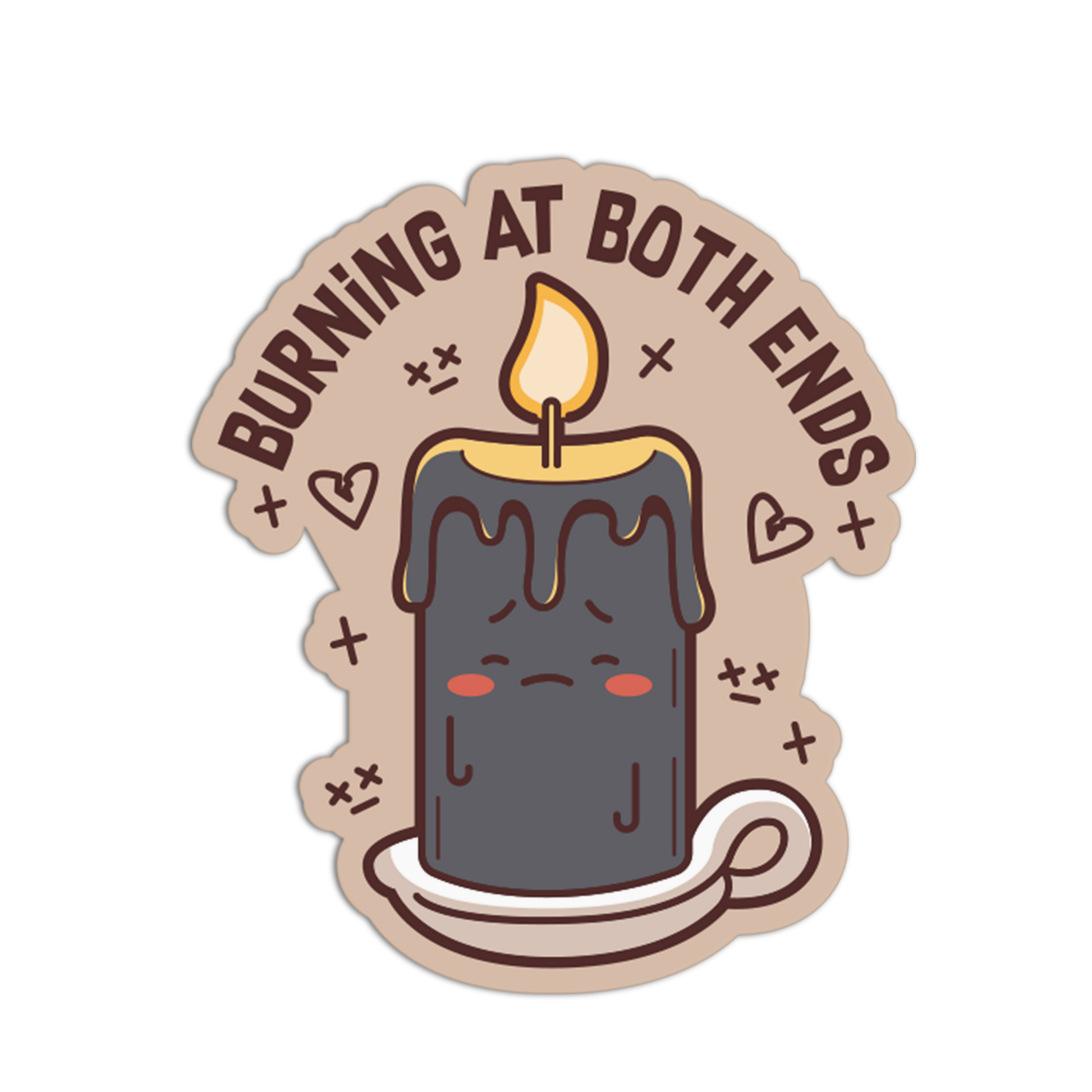 Sticker with a candle illustration and text 'Burning at Both Ends' on a beige background