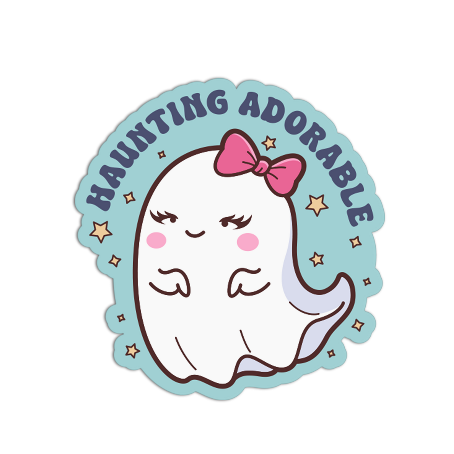 Sticker with a cute ghost wearing a pink bow and 'Haunting Adorable' text on a light blue background.