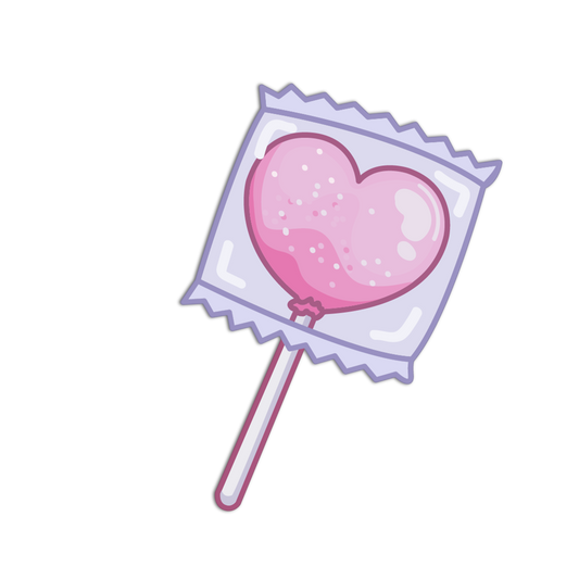 Pink heart-shaped lollipop in a clear wrapper on a white background