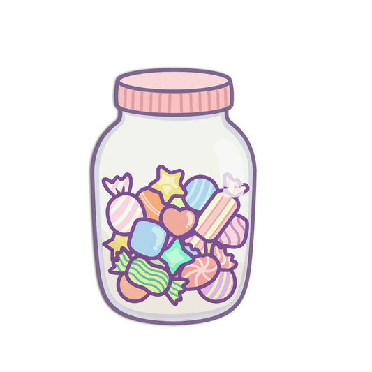 Cartoon-style jar with colorful candies on a white background