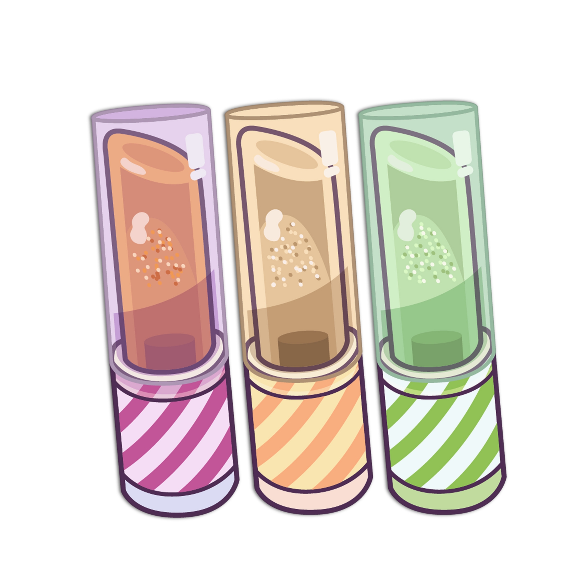 Three colorful lip balms with striped cases on a white background