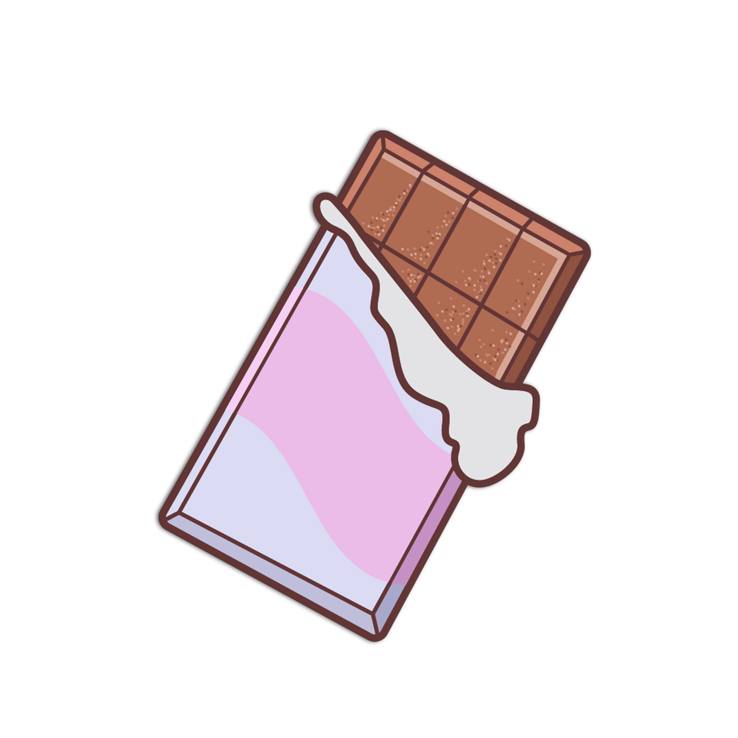 Cartoon-style chocolate bar with pink filling on a white background