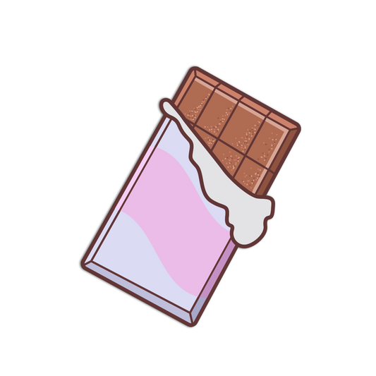 Cartoon-style chocolate bar with pink filling on a white background