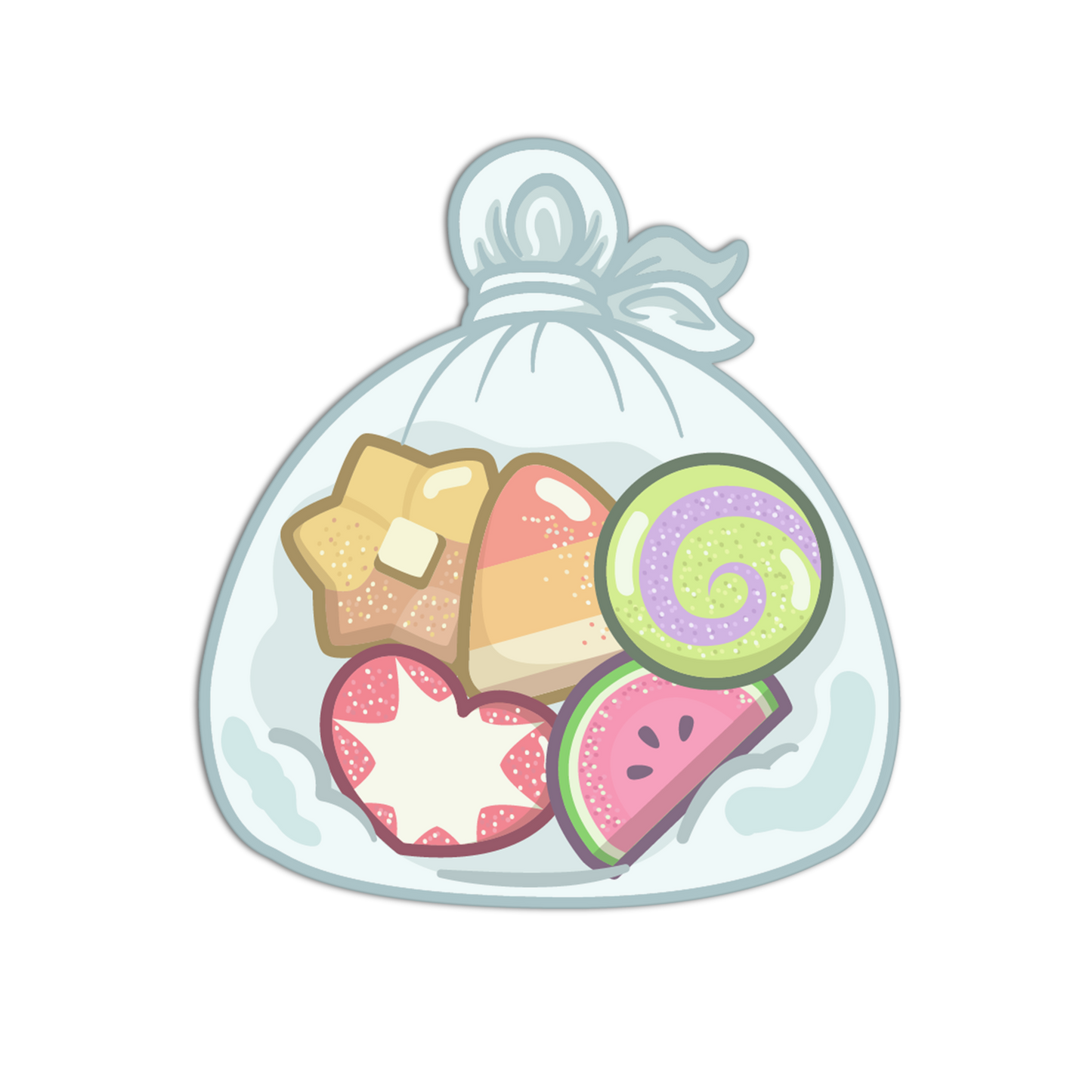 Illustration of a clear bag with colorful cookies inside on a white background