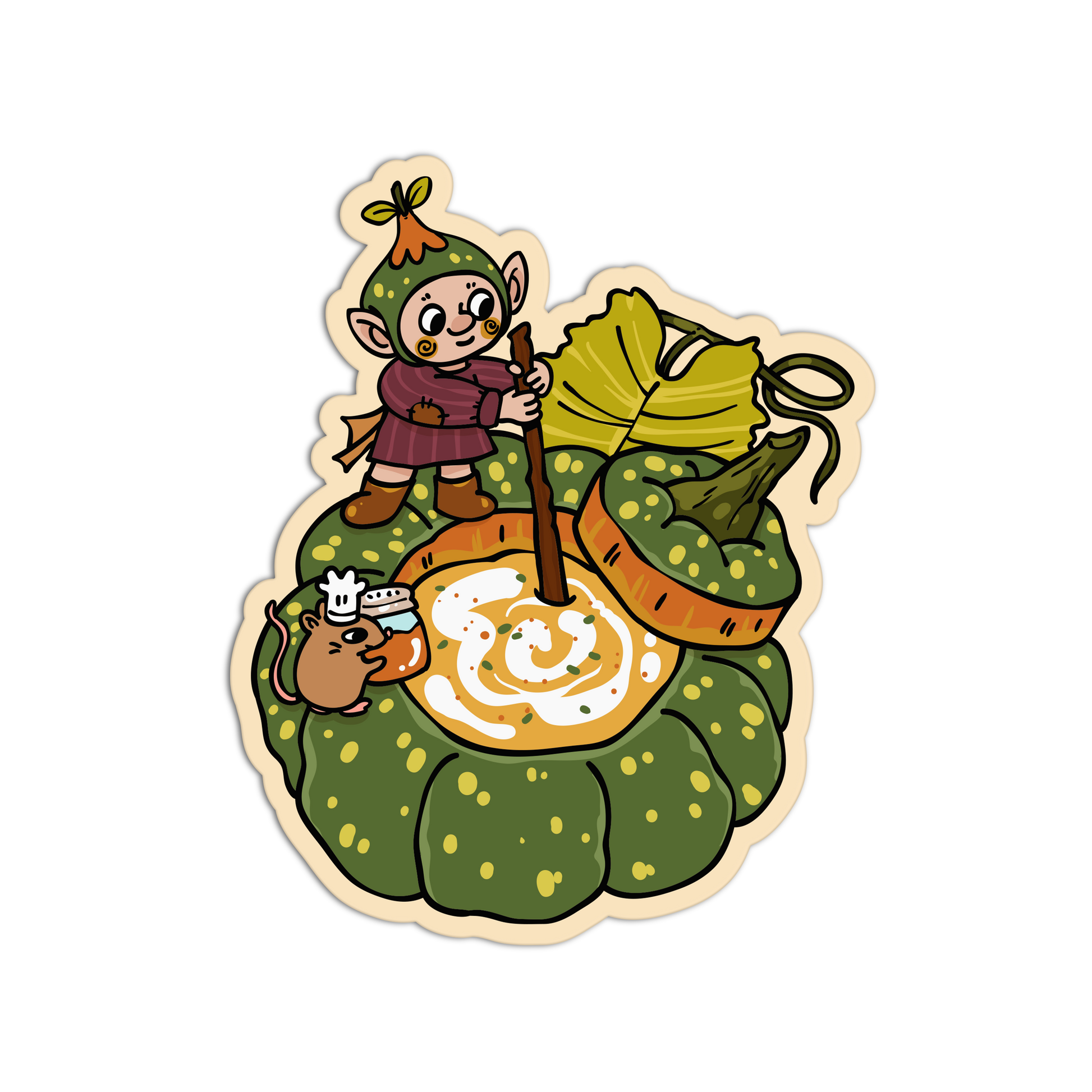 A cartoon-style die-cut sticker featuring a small elf character standing on a green leafy mound and stirring a bowl of white cream with a wooden stick. The sticker has a beige outline and is shown on a plain white background.