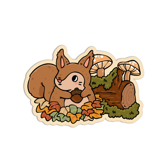 A cartoon squirrel holding an acorn, surrounded by autumn leaves, a log, mushrooms, and moss, shown as a die-cut sticker on a plain white background.