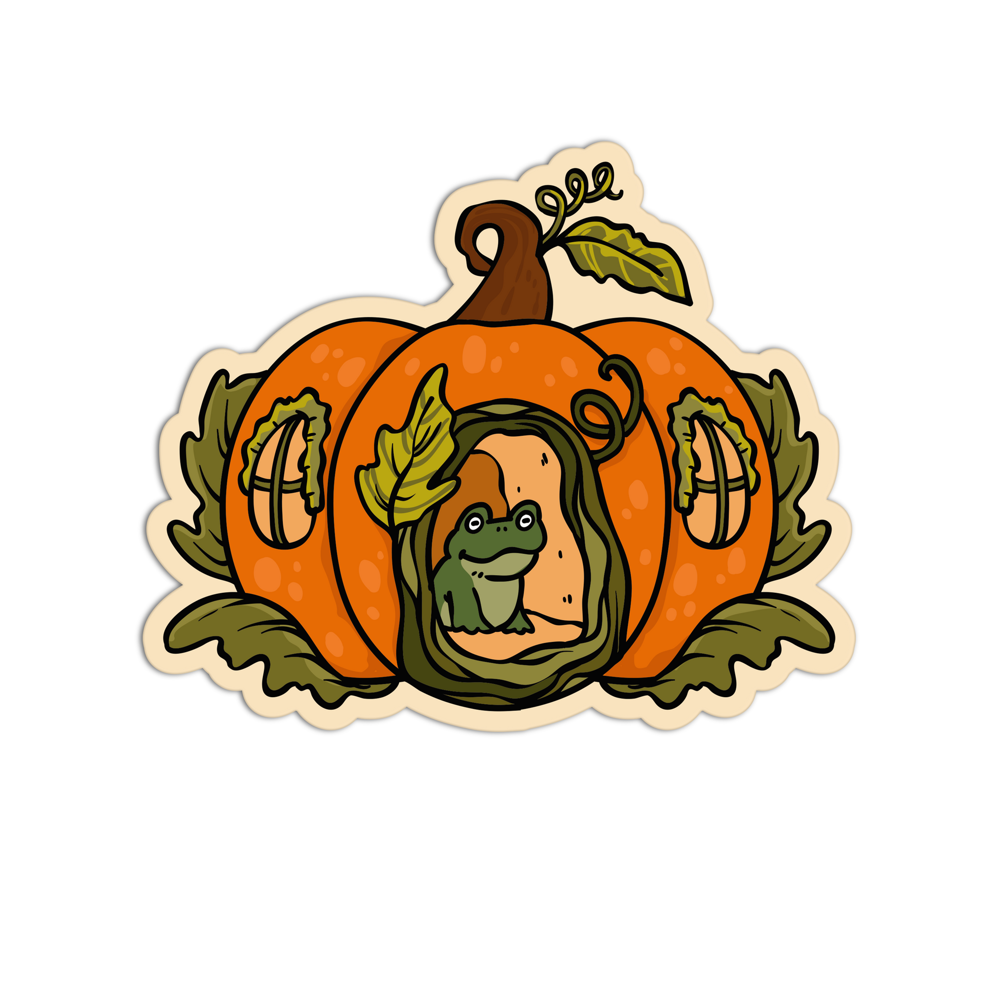 A die-cut sticker featuring an orange pumpkin with carved windows and a green frog peeking out from behind a vine, shown on a plain white background.