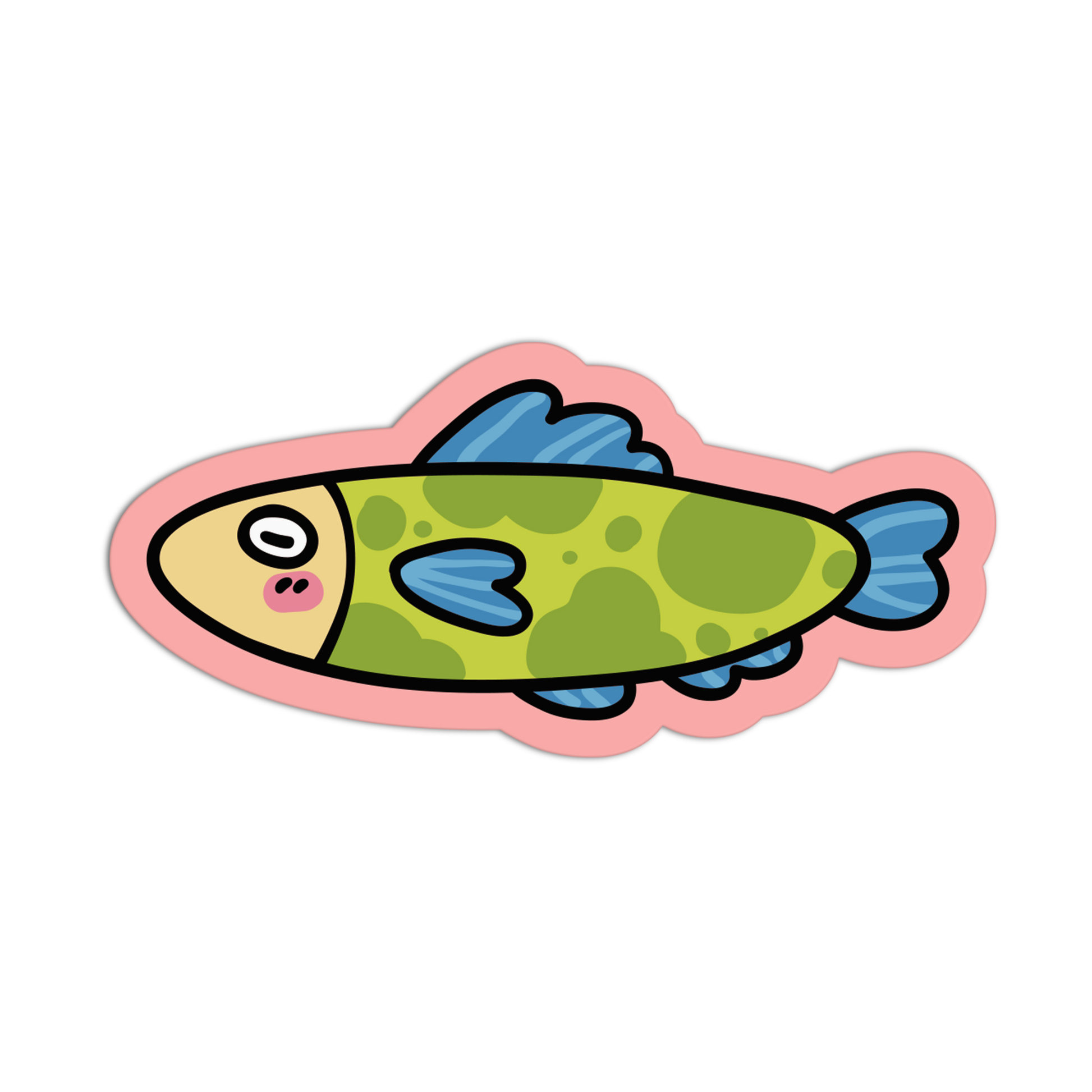 Cartoon fish sticker with a pink border on a white background