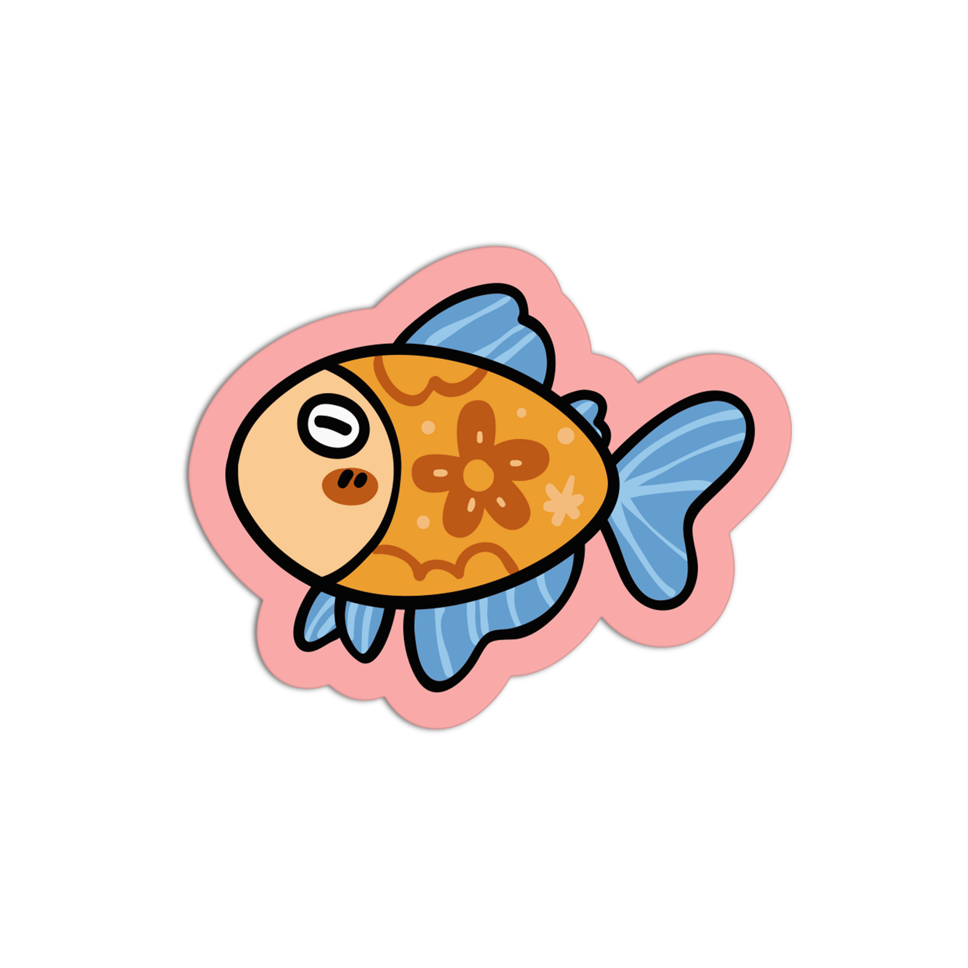 Cartoon fish sticker with a pink border on a white background