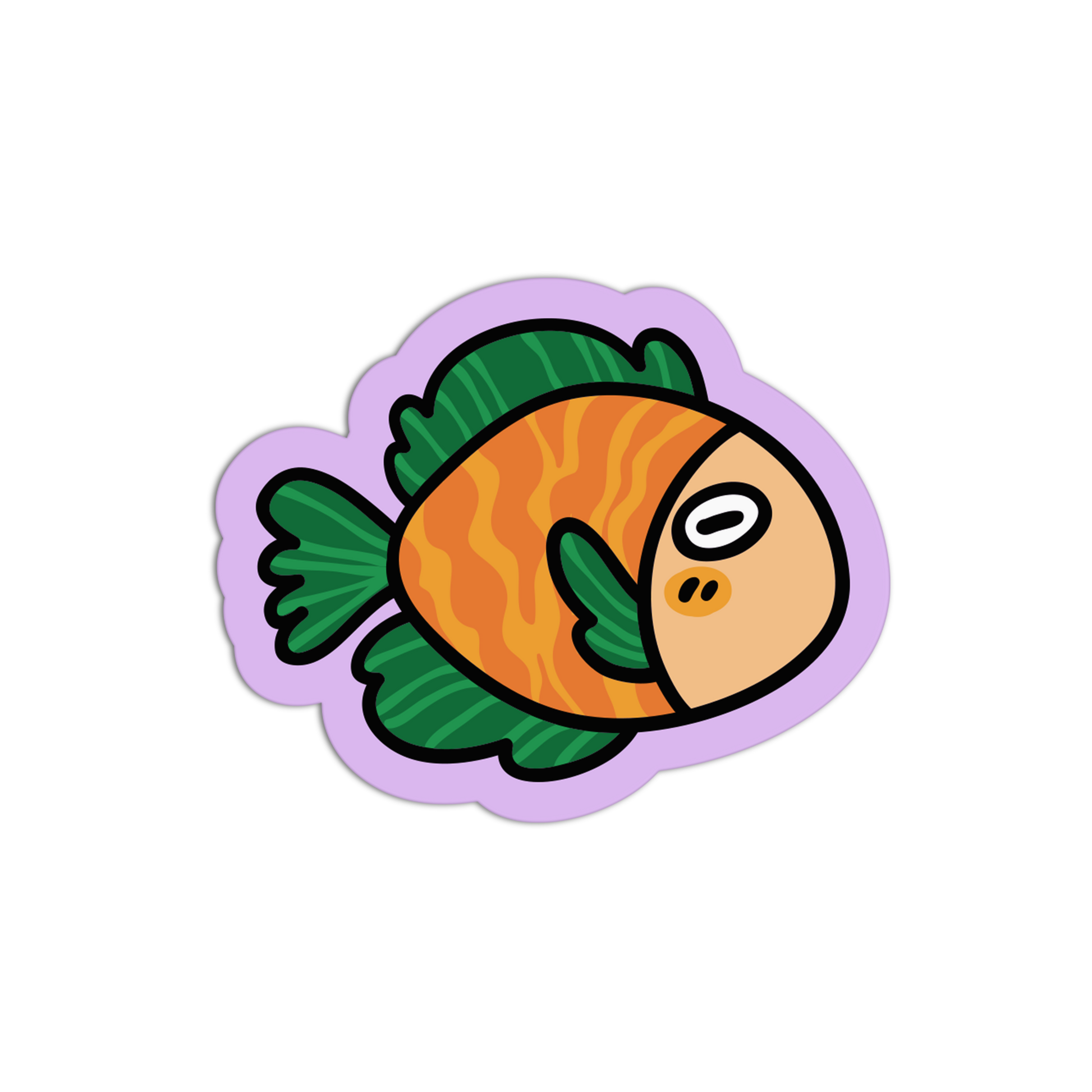 Cartoon fish sticker with green fins and orange body on a white background