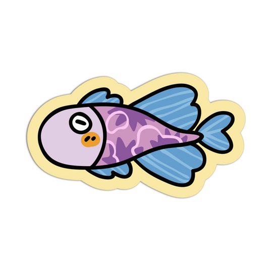 Cartoon fish with purple body and blue tail on a yellow border
