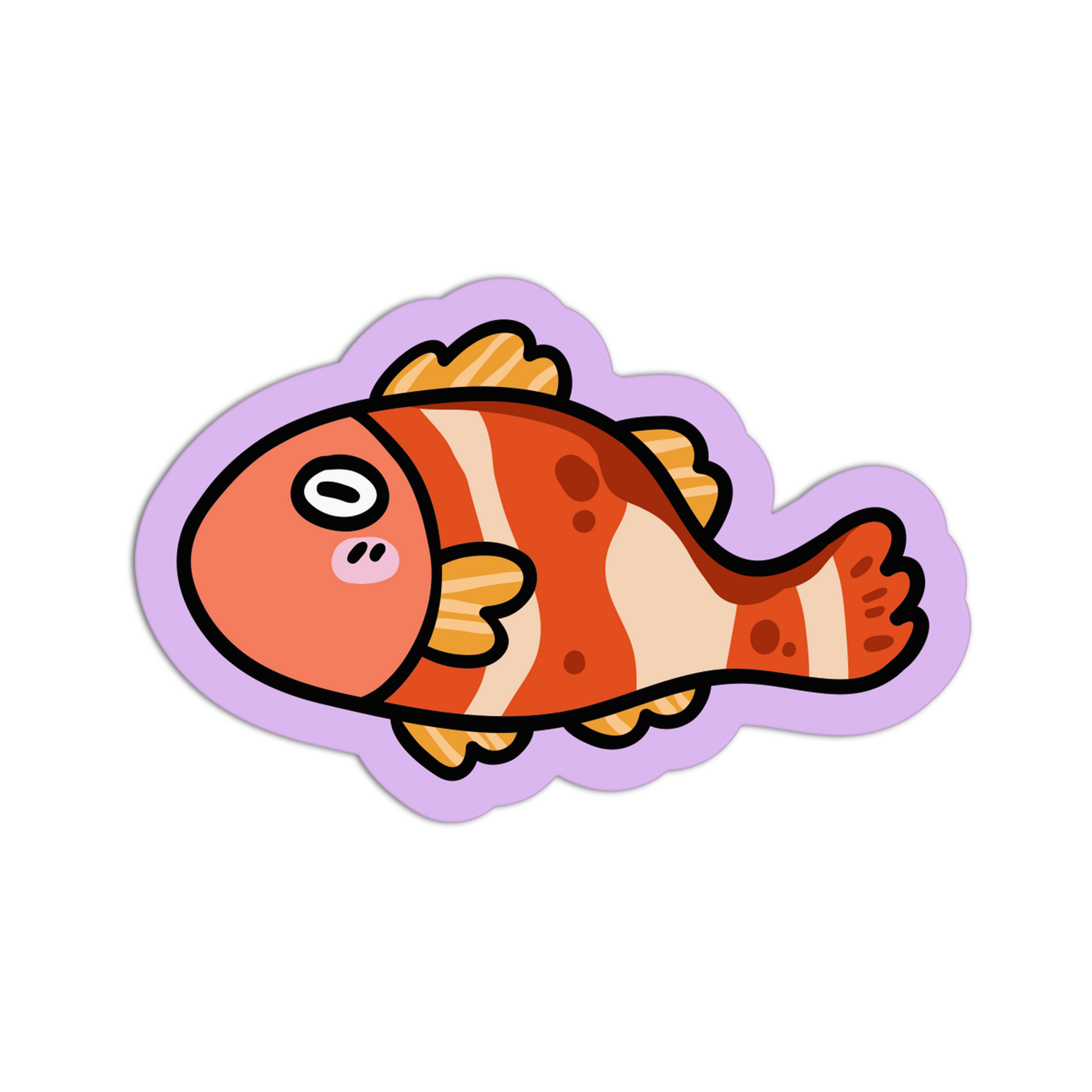 Cartoon fish with orange and white stripes on a black background