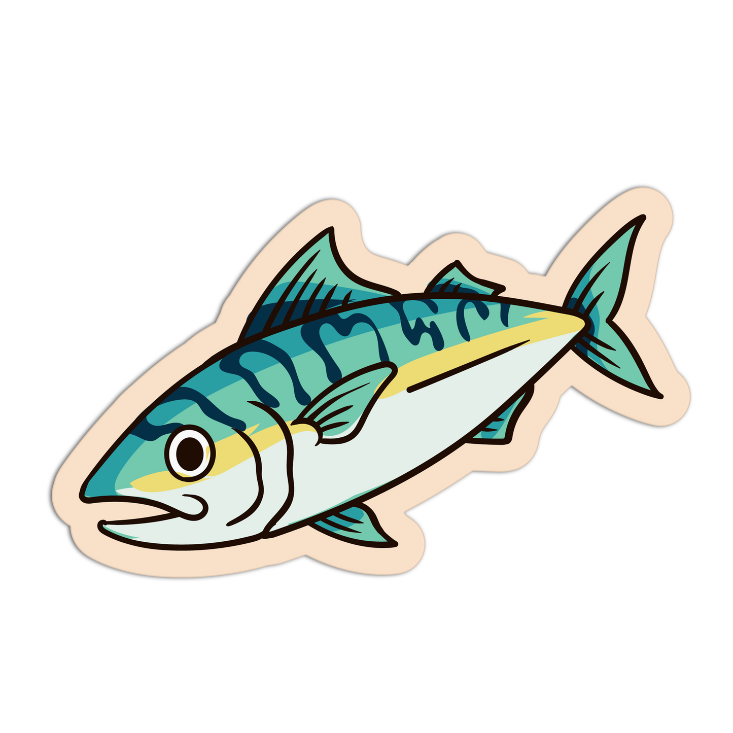 Fish-shaped sticker with blue and green colors on a white background