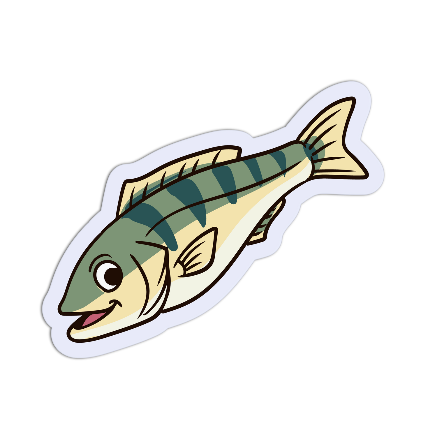 Cartoon fish with green and beige stripes on a black background