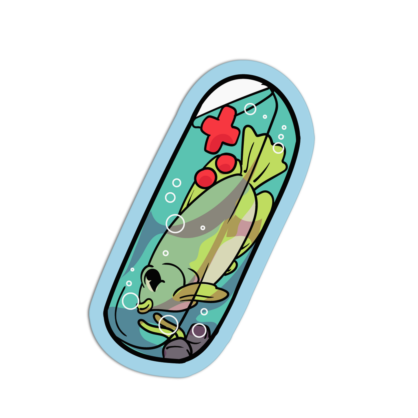 Cartoon fish with a red cross and bubbles in a blue oval frame on a white background