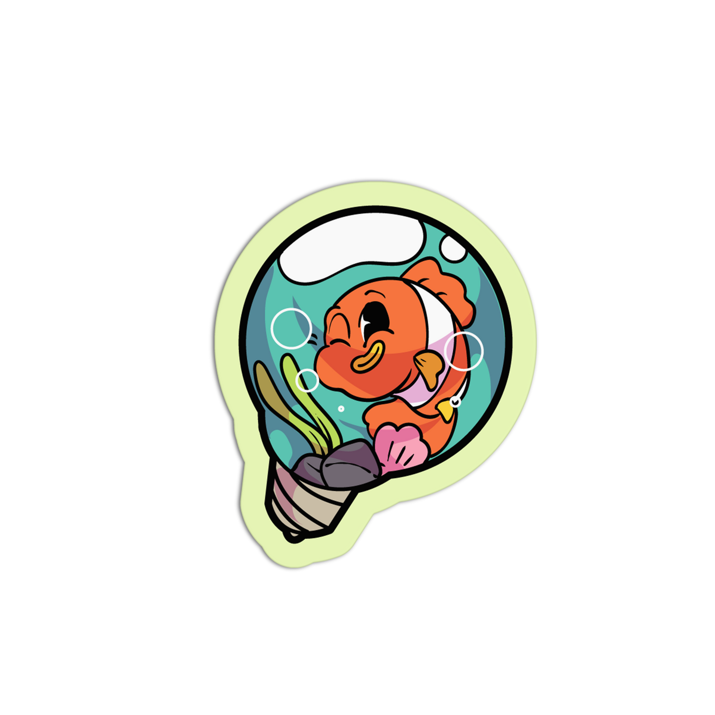 Sticker of a cartoon fish in an underwater scene with bubbles and seaweed on a white background.
