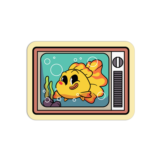 Cartoon fish in a vintage TV set on a white background