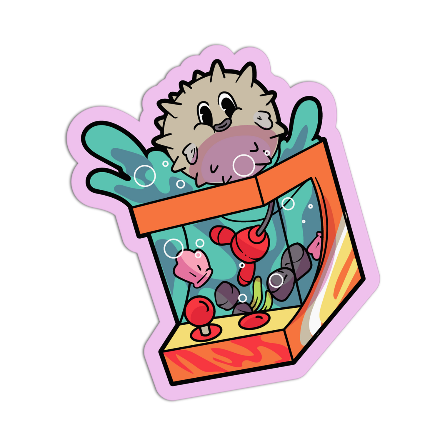 Cartoon puffer fish in a fishbowl with colorful design on a white background