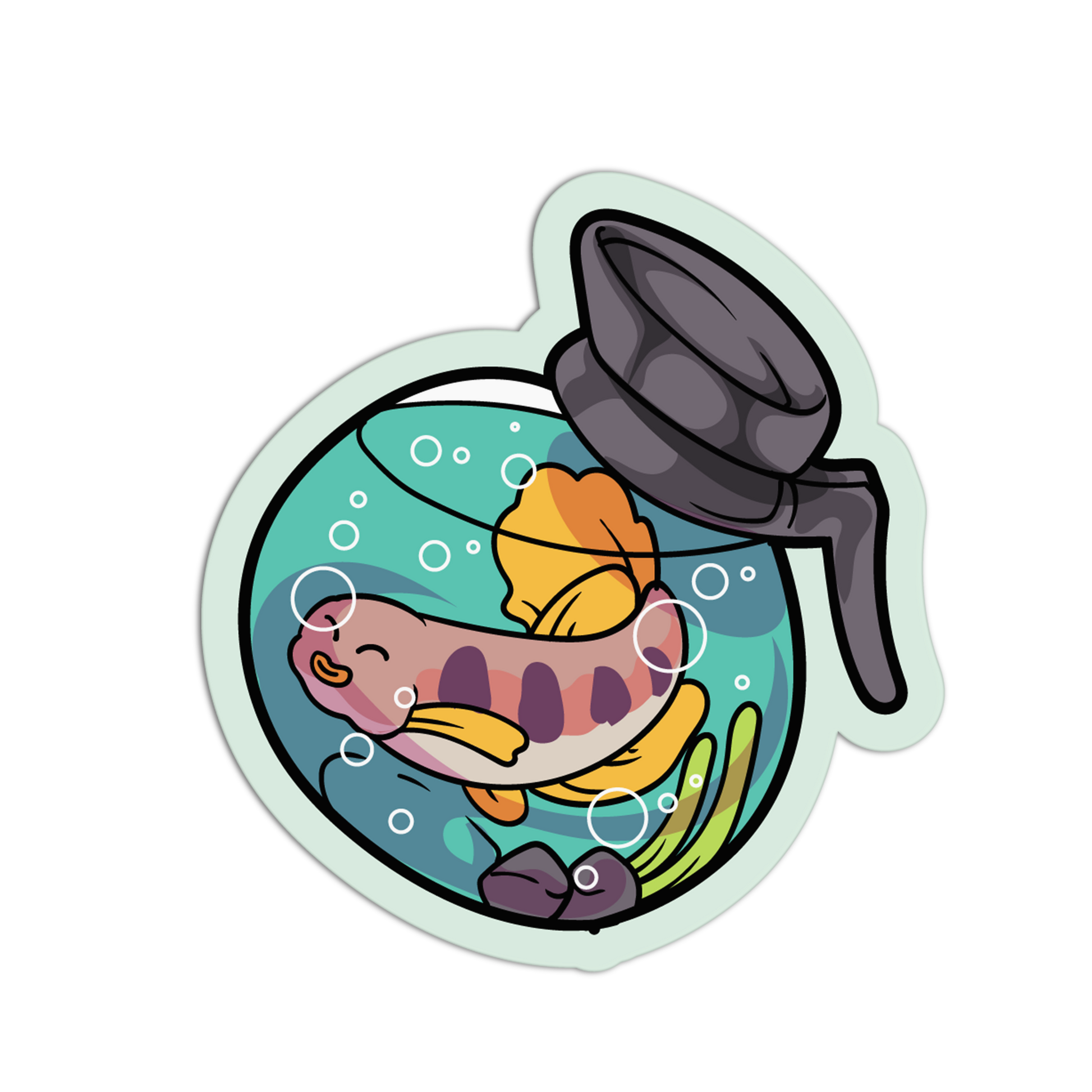 Cartoon fish with a snorkel in an aquarium on a white background