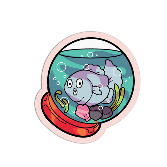 Cartoon fish in a bowl with colorful elements on a white background