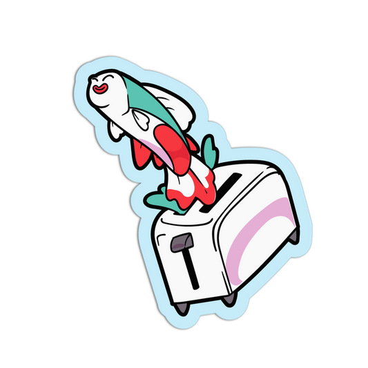 Cartoon fish with a bow tie sitting on a toaster on a white background