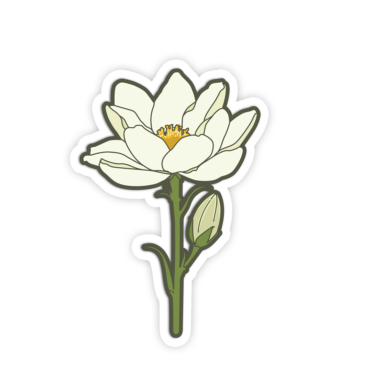 Sticker of a white flower with green leaves on a white background
